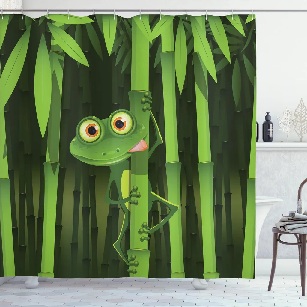 Grand rideau de douche imperméable motif grenouille joyeuse vert jungle
