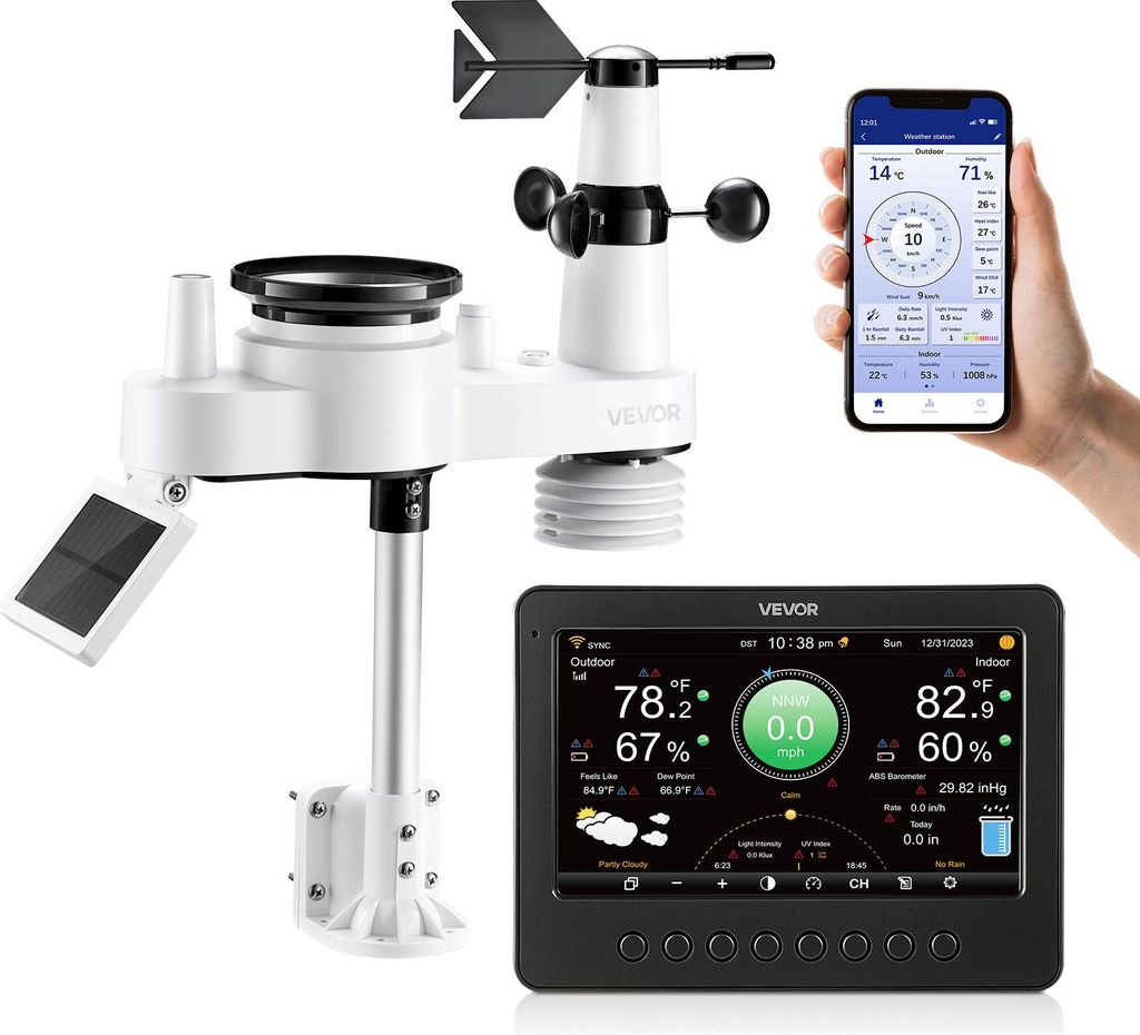 VEVOR 7-in-1 WLAN-Wetterstation, 7-Zoll-TFT-Display, solarbetriebener Außensensor, Wettercenter zur Wettervorhersage, Windgeschwindigkeit, Windric...