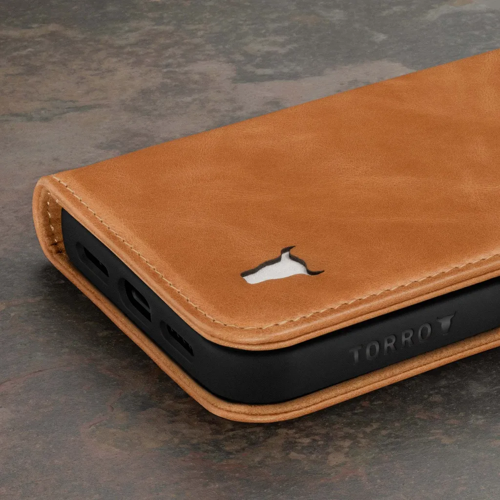 Custodia iPhone 15 TORRO in Pelle Marrone Chiaro - Stand e Portafoglio - 6