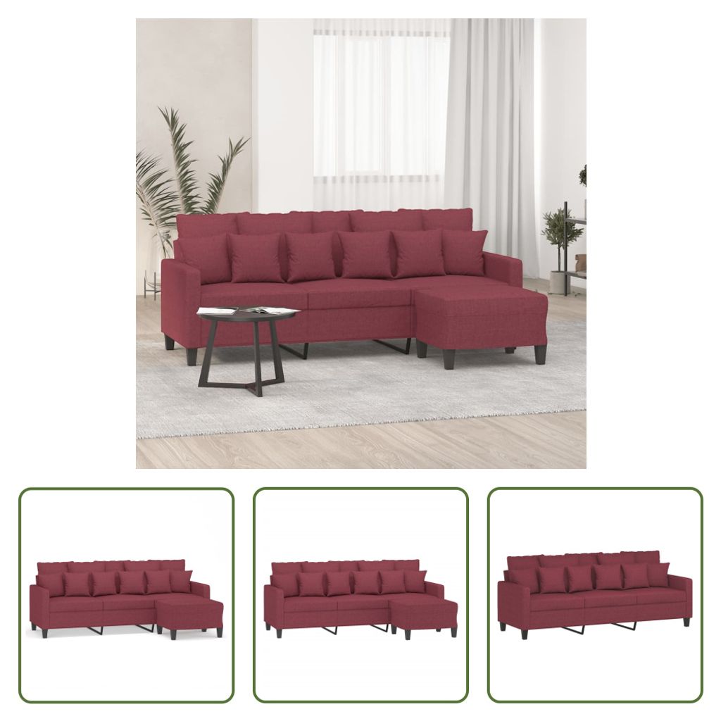 The Living Store 3-Sitzer-Sofa mit Hocker Weinrot 180 cm Stoff