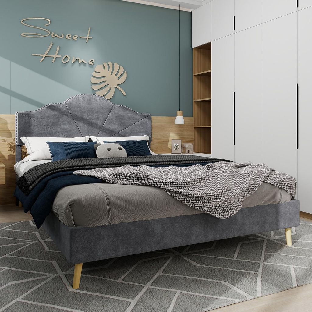 Sweiko Modern minimalist soft bed, comfortable and soft headboard, 160x200CM, gray, multifunctional bedroom furniture, low box bed frame does not i...