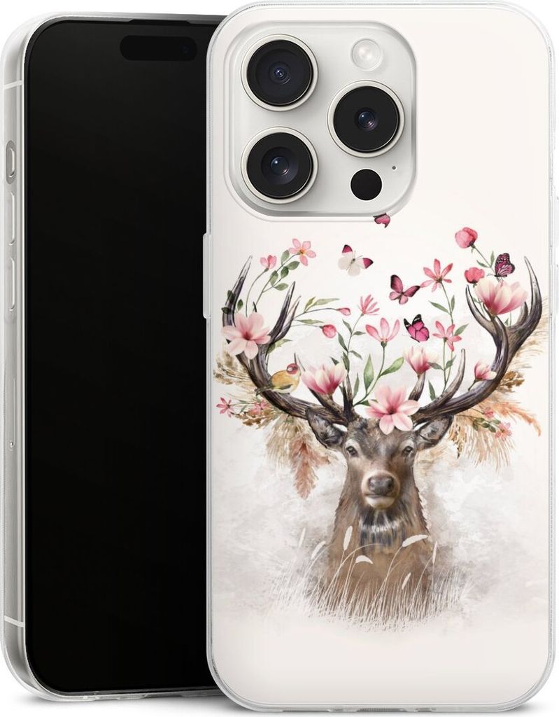 DeinDesign Slim Hülle für Apple iPhone 15 Pro Silikon Case Ultra Dünn Handyhülle Blumen Hirsch Tiere
