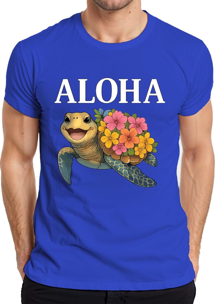 ALOHA Meeresschildkröte mit Blumen Hawaii Tropisch Sommer Strand Herren T-Shirt, Blau, 3XL