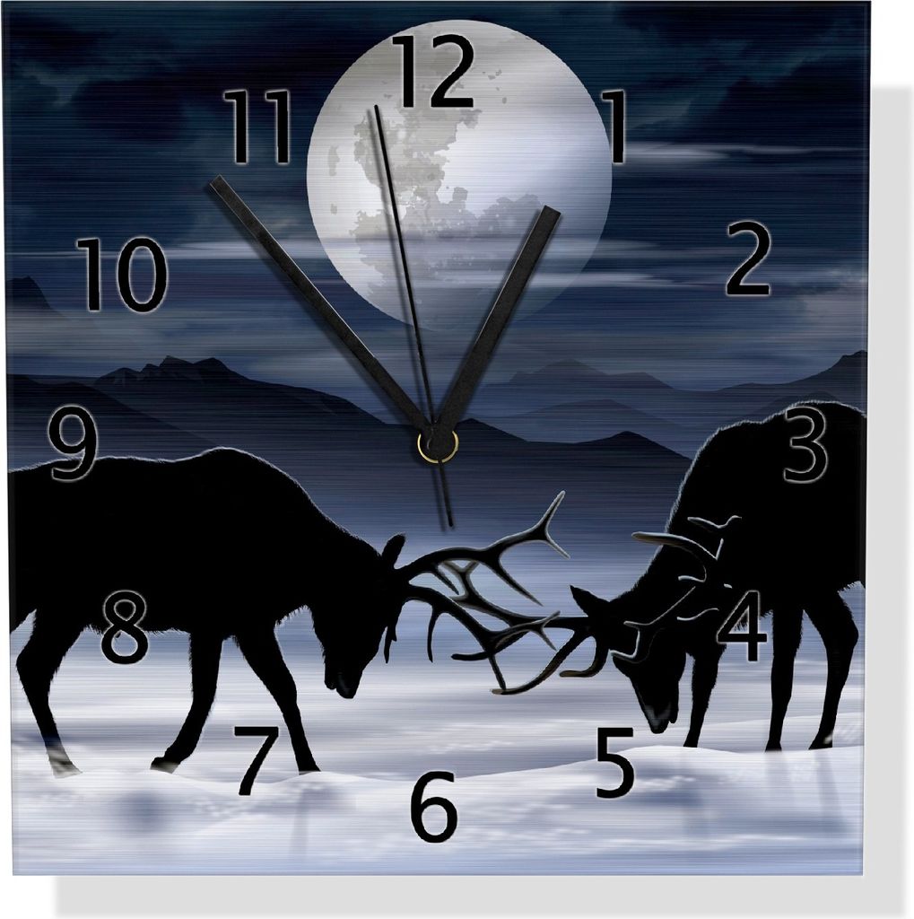 Wallario Design Wanduhr Elch im Schnee bei Mondschein - Silhouette am Abend aus Aluverbund, Größe 30 x 30 cm