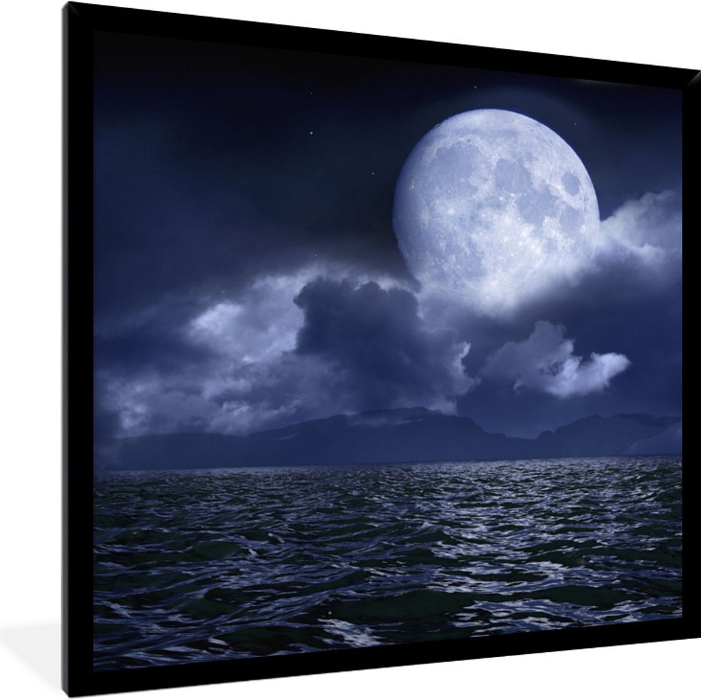 MuchoWow Gerahmtes Poster Mond - Meer - Horizont 40x40 cm - Poster mit Schwarzem Bilderrahmen Wandposter Rahmen Foto Bilder - Mit Rahmen - Wandde...