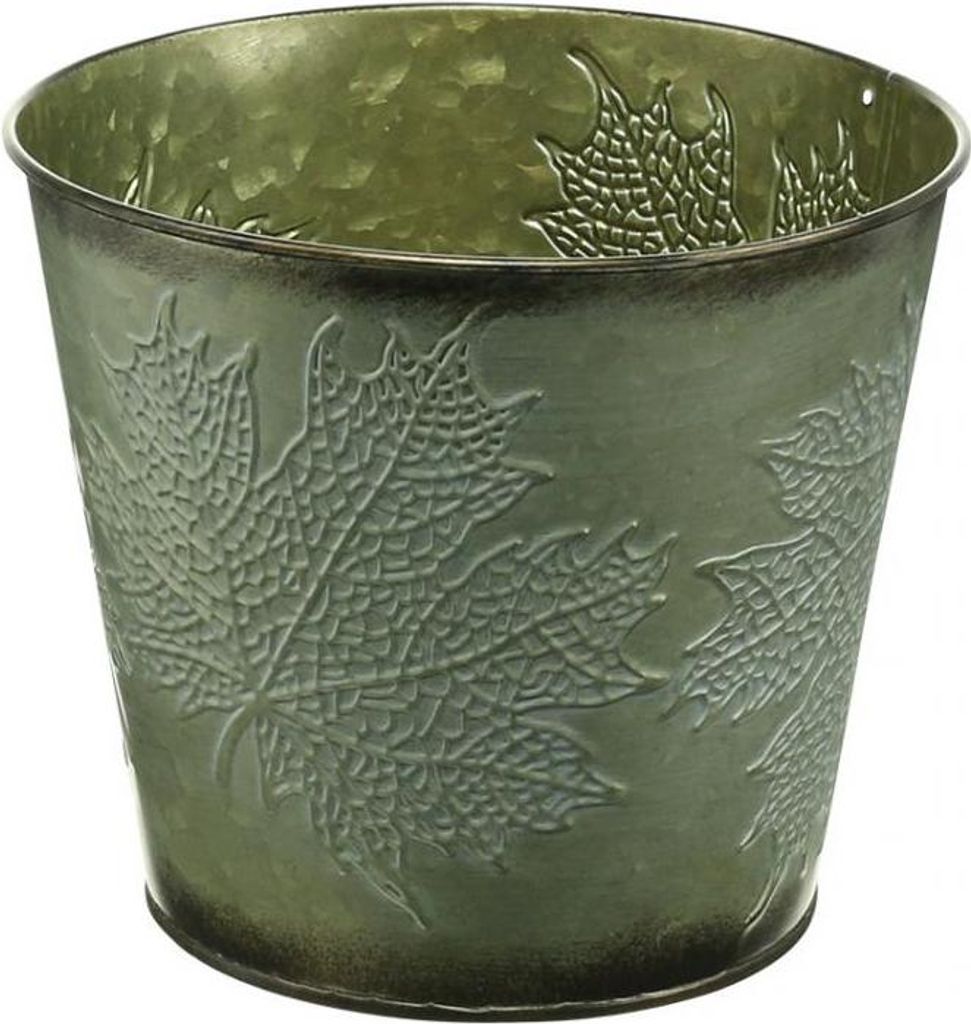 Metalltopf mit Blattrelief für Dekoration und Herbstblumen