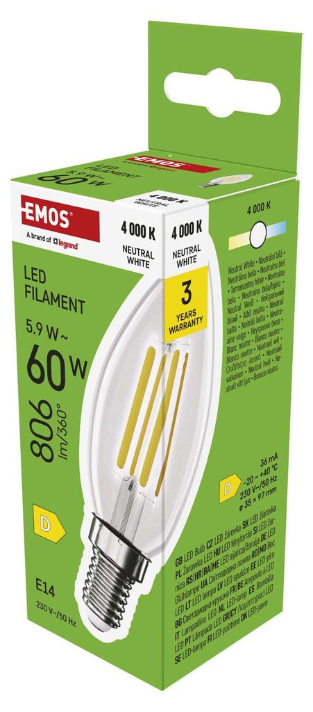 EMOS LED Lampe Edison Candle, 5,9W Ersatz für 60W Glühbirne, Vintage-Glühlampe mit E14 Sockel und Helligkeit 806 lm, Neutralweiß 4000 K