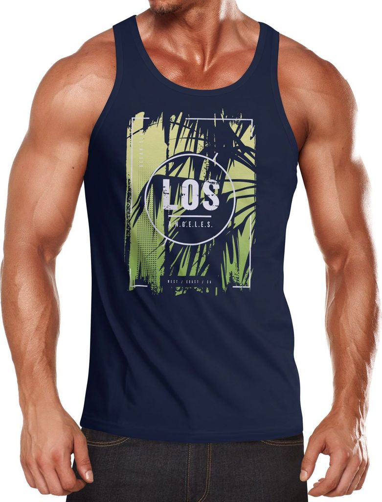 Herren Tank-Top Los Angeles Retro 80er Style Palmen USA Amerika Sunset Boulevard Fashion Muskelshirt Muscle Shirt Neverless navy-grün L