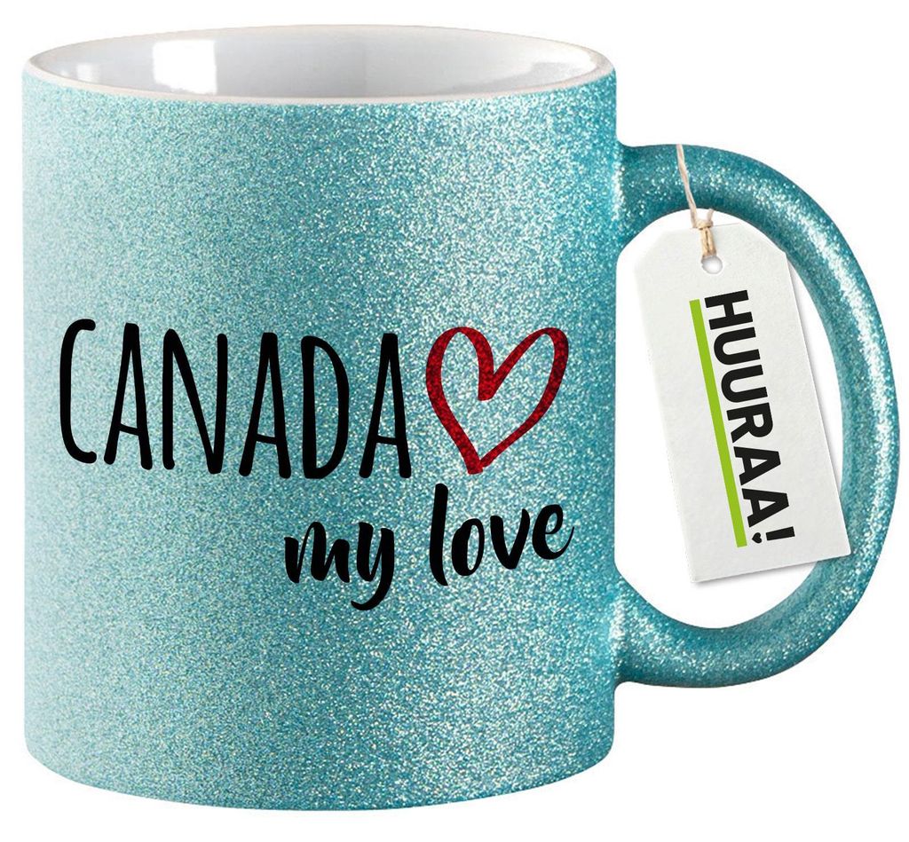 Huuraa Glitzertasse Canada my love 330ml Blau Keramik Kaffeebecher Geschenkidee