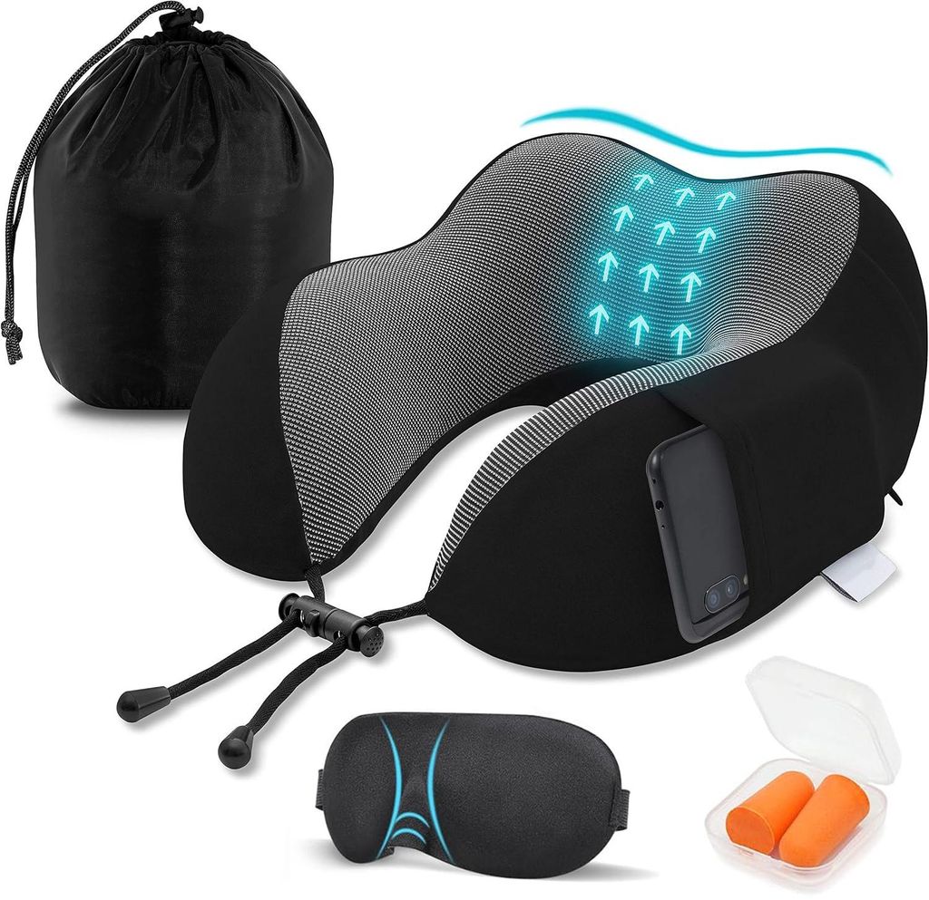 Reise Nackenkissen, Reisekissen, Flugzeug Kissen, Memory Foam Kissen, Ergonomisches Design, Mit Augenmaske, Ohrstöpseln, Tragetasche