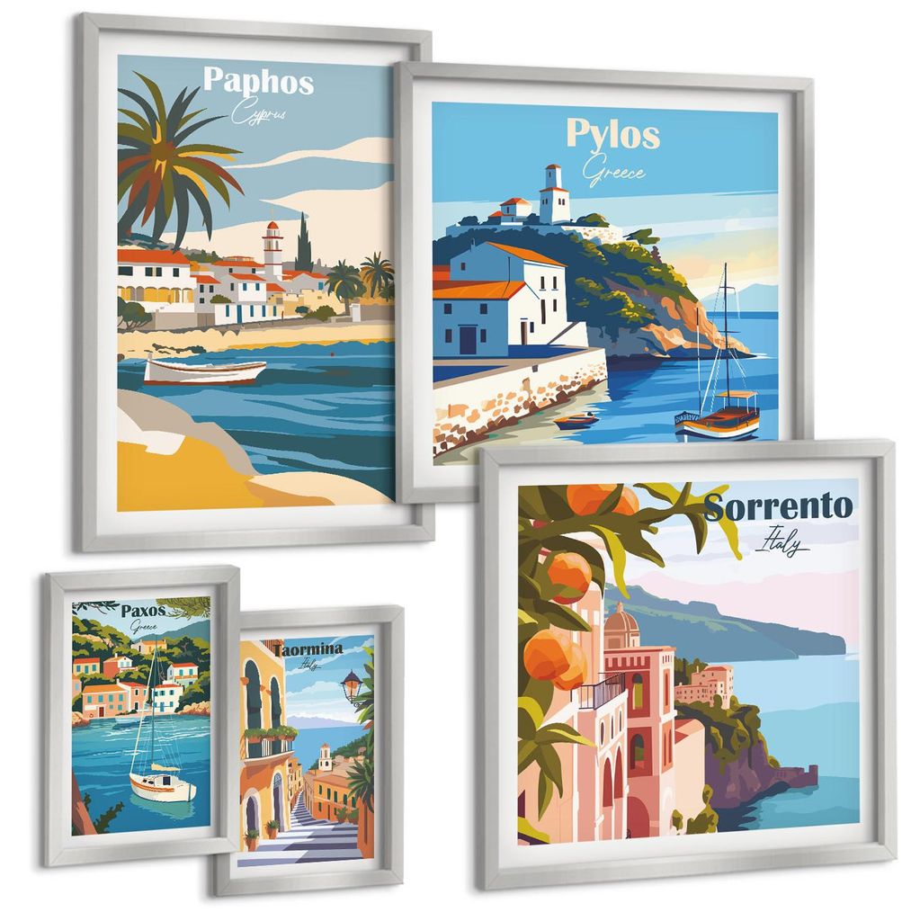 Bilder Set 5-teilig im silbergerahmten Rahmen – Wandbilder 5 Stück – gerahmte Poster für Wohnzimmer, Schlafzimmer und Flur – 50x50 cm - 40x...