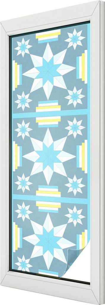 Buntglas Fensterfolie – 146x50 cm – Stained-Glass Design – blickdichte dekorative Sichtschutzfolie – selbstklebend, UV-Schutz – Sternmuster