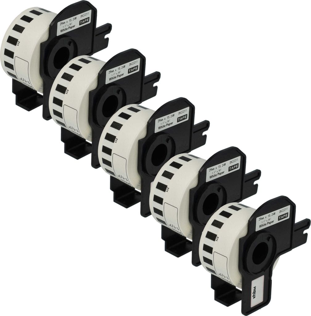 vhbw 5x Rolle mit Halter 29mm x 15,24m (1 Etikette) kompatibel mit Brother PT QL500BW, QL-550, QL-560, QL-570, QL-580N, QL650TD, QL-700 Drucker Weiß