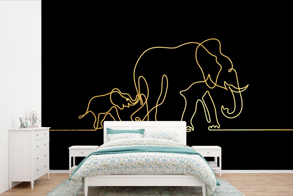 MuchoWow Fototapete für Wohnzimmer oder Schlafzimmer Wandtapete Vinyl Motivtapete Elefant - Gold - Schwarz - Minimalismus - 450x300 cm - Gemusterte