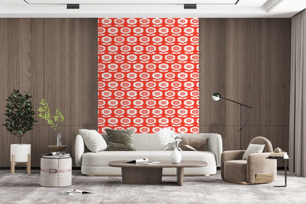 MuchoWow Fototapete für Wohnzimmer oder Schlafzimmer Wandtapete Vinyl Motivtapete Blumen - Muster - Rot - 155x240 cm - Tapete