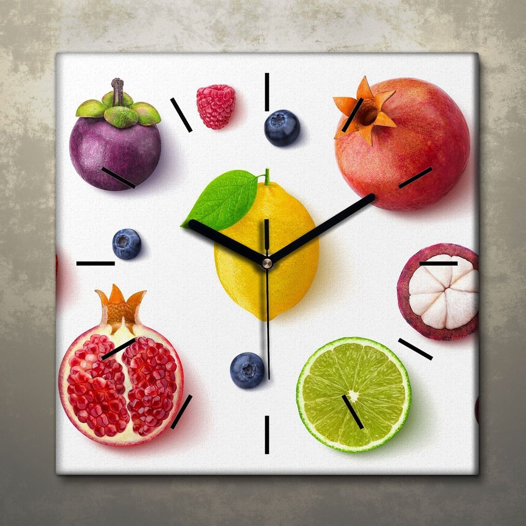 Wohnzimmer Leinwand Uhr Geräuschlos Küche 30x30 Weiße, Farbige, Früchte, schwarze Zeiger