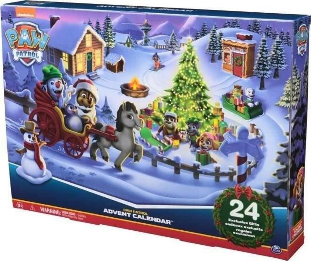 Adventskalender Paw Patrol, 24 Überraschungen, 7 Welpen Figuren, 6 Welpen Freunde, Spielelemente, Baumschmuck, Weihnachtsthema