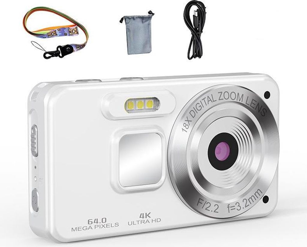Digitalkamera 4K 64MP Autofokus Fotokamera, Kompaktkamera mit 2,8" Bildschirm, 18X Digitalzoom, 32GB Speicherkarte & 2000mAh Akku