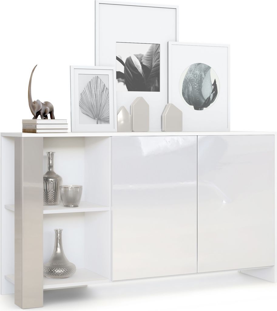 Vladon Sideboard Canto, Germany, lange Anrichte mit 2 Türen und 6 Fächern, Korpus Weiß matt, Fronten Weiß Hochglanz, Nachbildung-Paneele Sandgr...