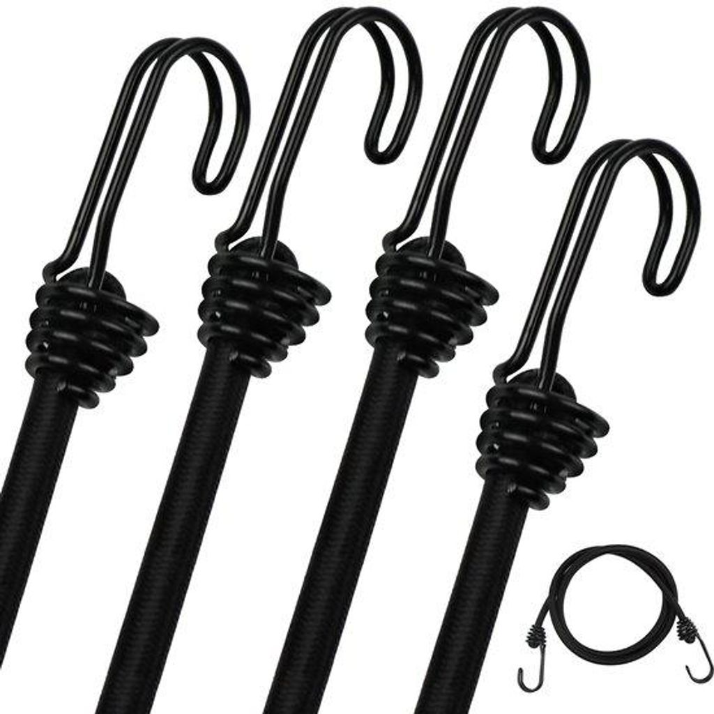 Bungee-koorden 4er-Satz mit Haken, 1 m Expander mit Metallhaken, Reiseleine, lange schwarze 8 mm Spanbande, robuste Gummi-Bänder mit Haken für Ze...