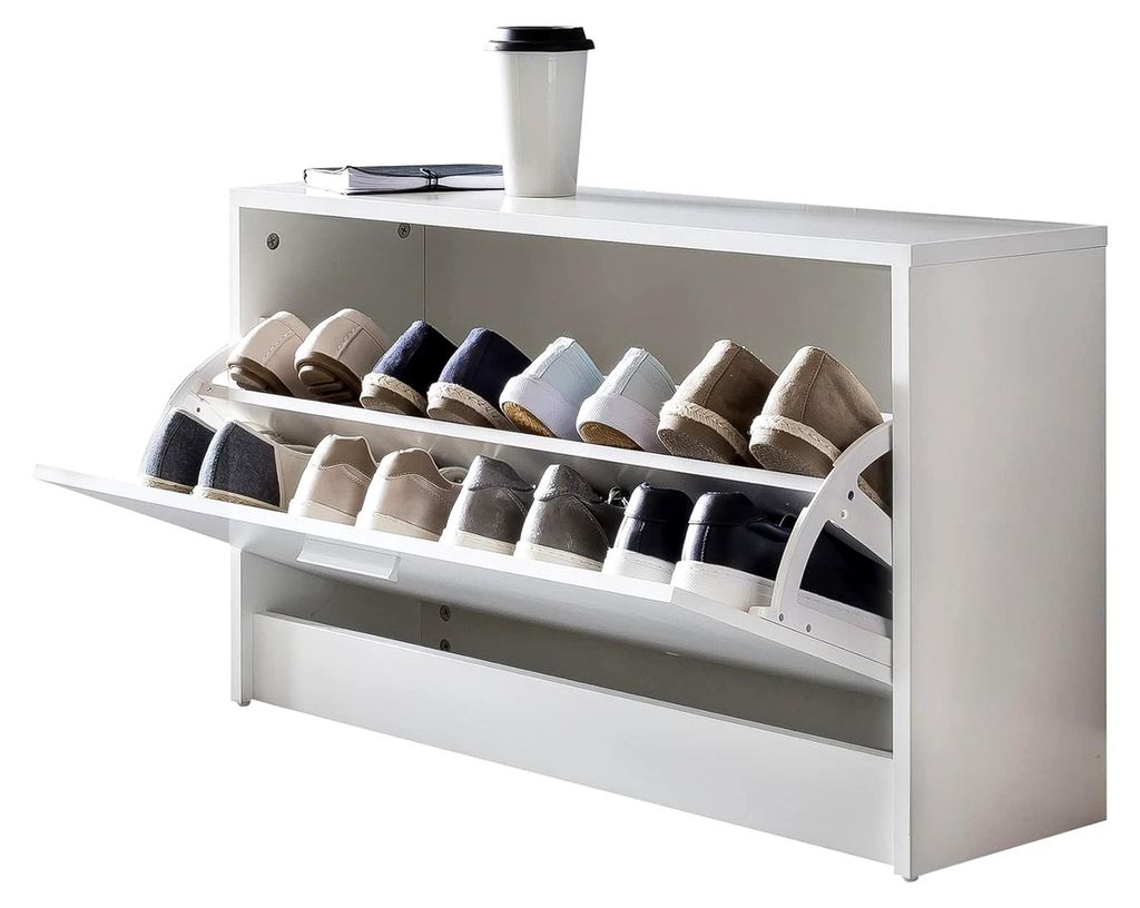 Schuhbank Split mit weißer Sitzfläche, Schuhkipper aus Holz, 80 x 47 x 24 cm, geschlossene Flurbank, schmale Sitzbank mit Stauraum, einzelner Sch...
