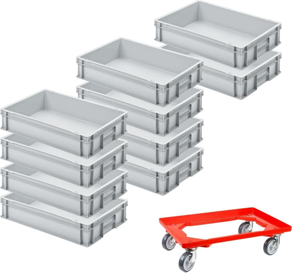 SparSet 10x Eurobehälter mit geschlossenem Griff & 1x Transportroller Rot | HxBxT 12x40x60cm | 21 Liter | Eurobox, Transportbox, Transportbehälte...