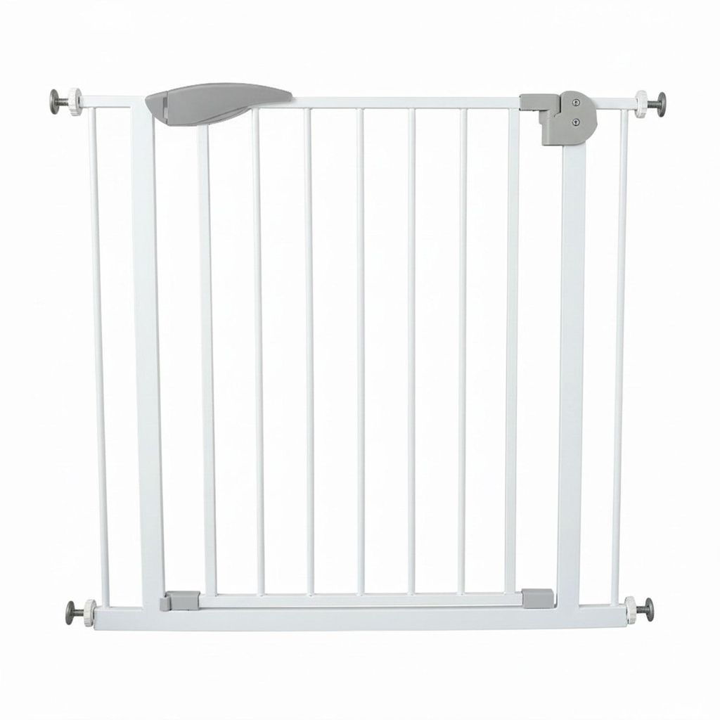 A white metal baby gate with gray accents, shown against a white background.