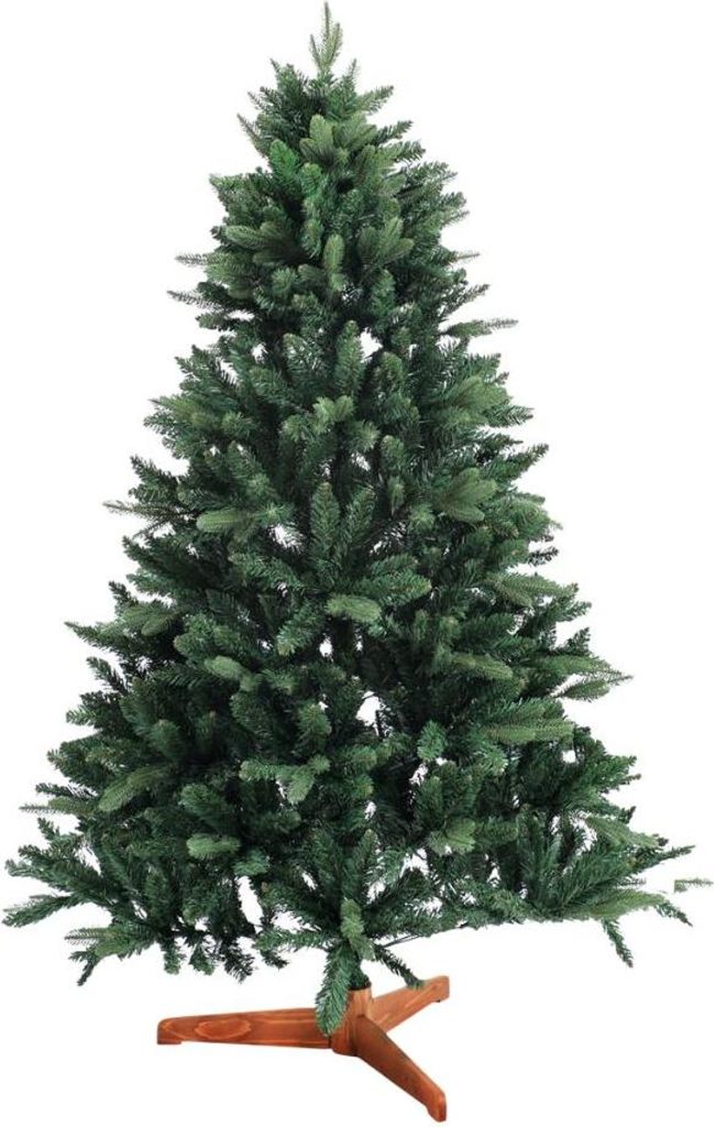 A green artificial Christmas tree on a white background.