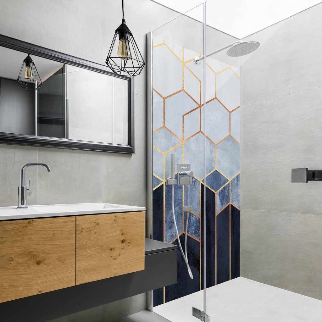 Duschrückwand Muster selbstklebend - 0.35 mm Wandpaneel wasserfest Geometrisch blau Aquarell Abstrakt Badrückwand fugenlos Smart matt 110x210 cm