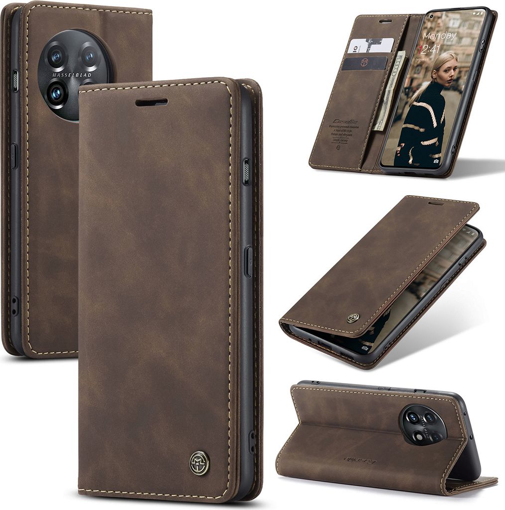 OnePlus 11 Hülle, Retro Kunstledertasche mit Standfunktion Schutzhülle für OnePlus 11 Kaffee