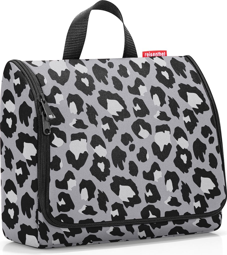 A leopard print toiletry bag.