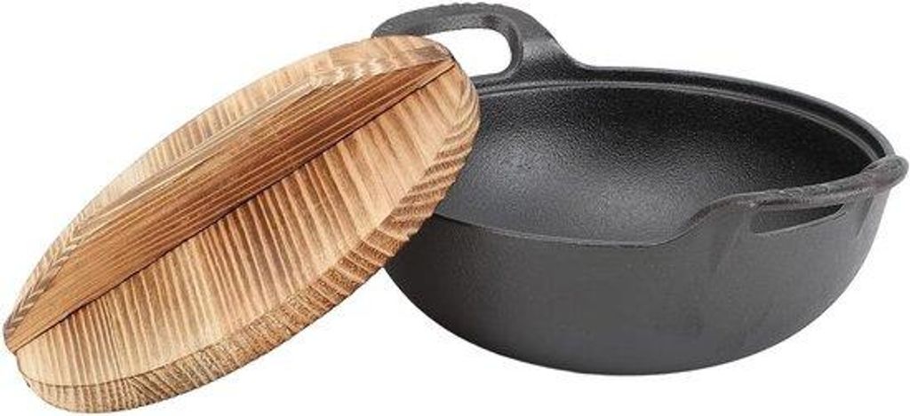 Gietijzeren Wokpan mit Holzdeckel und 2 Griffen - Ungeglühter traditioneller chinesischer Wok Frittierofen (20cm)