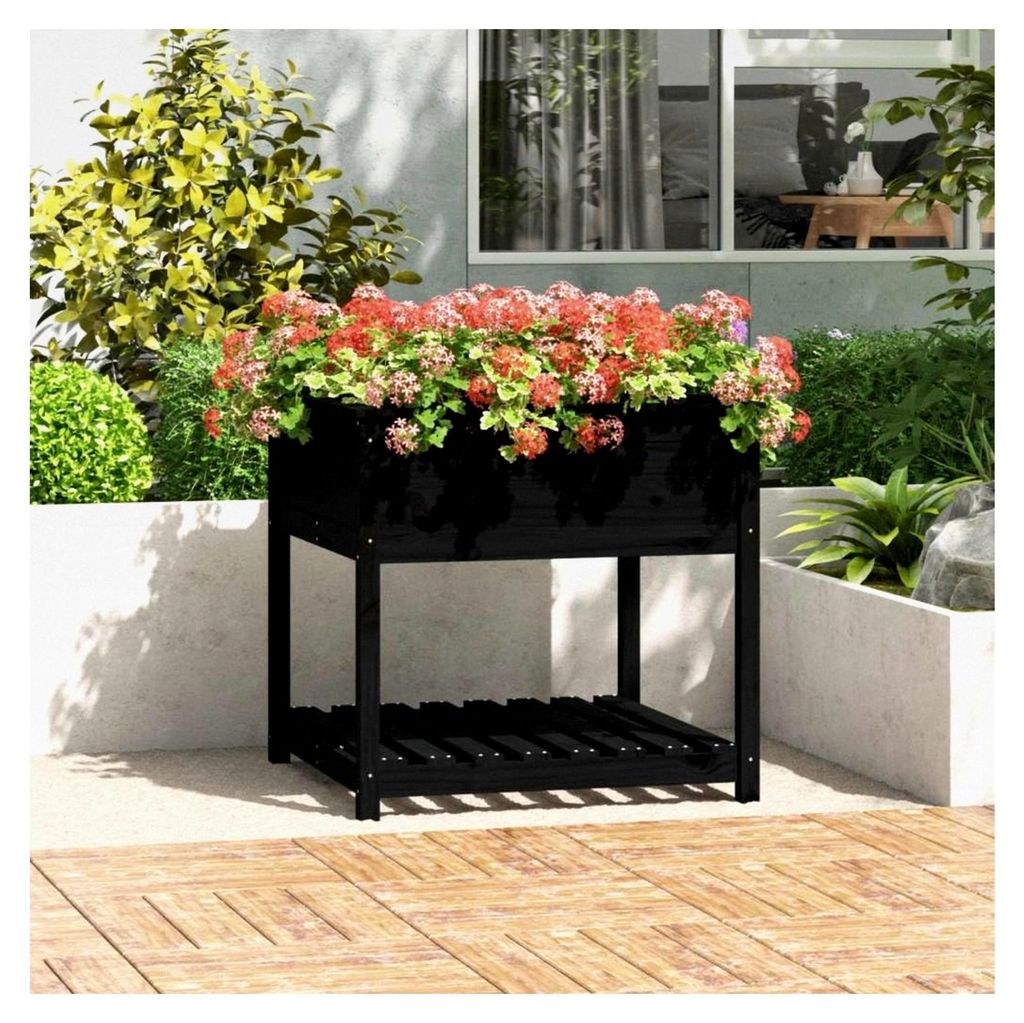 Blumenkästen mit Regal, schwarz, 82,5 x 82,5 x 81 cm, Massivholz, Kiefernholz, Hochbeet, Pflanzgefäß für Blumen, Sukkulenten, Terrasse, Balkon
