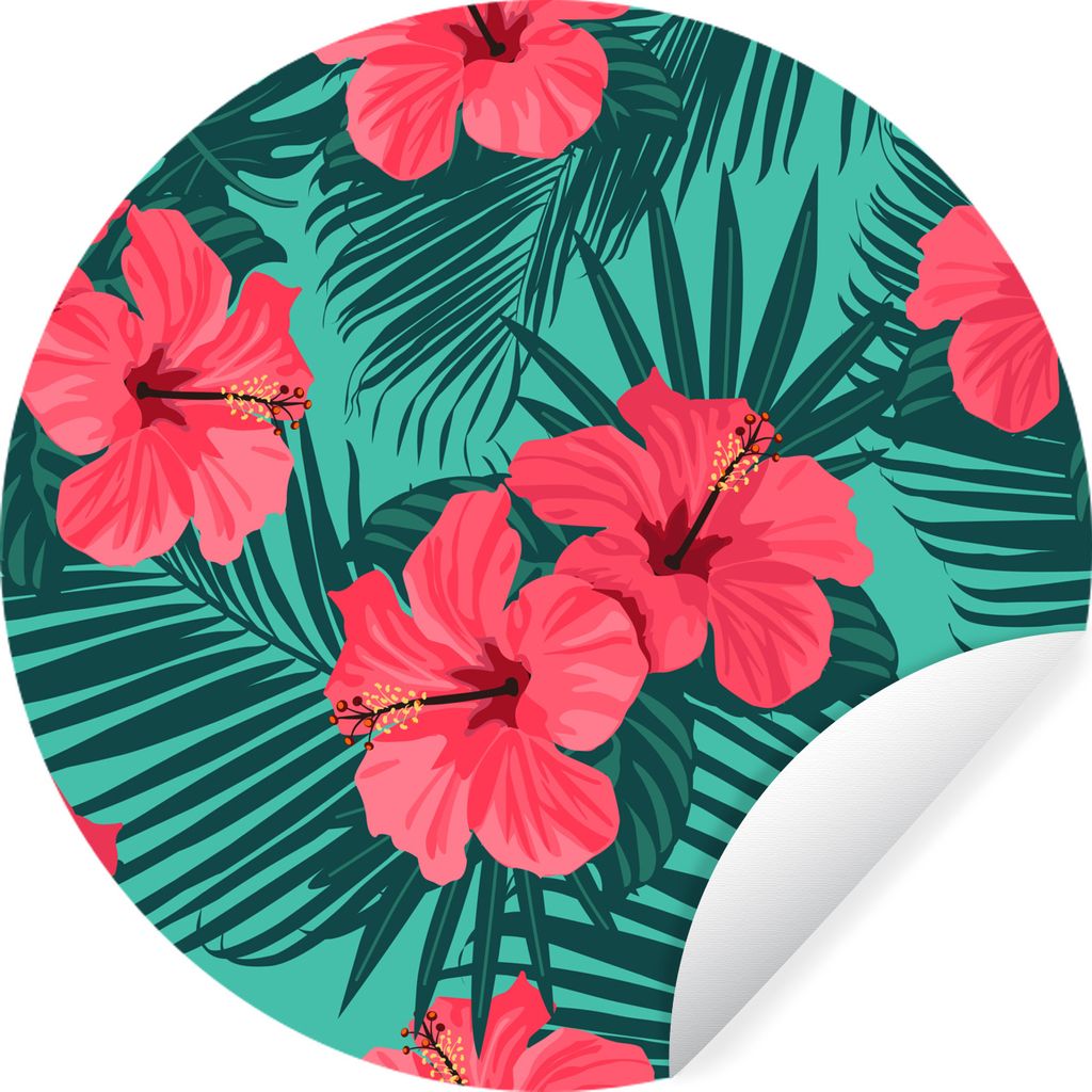 MuchoWow Runde Wandtattoo - Wandsticker Tapete Aufkleber Tropisch - Blumen - Palmenblatt Ø 100 cm Selbstklebend und Repositionierbar - Wandaufkl...