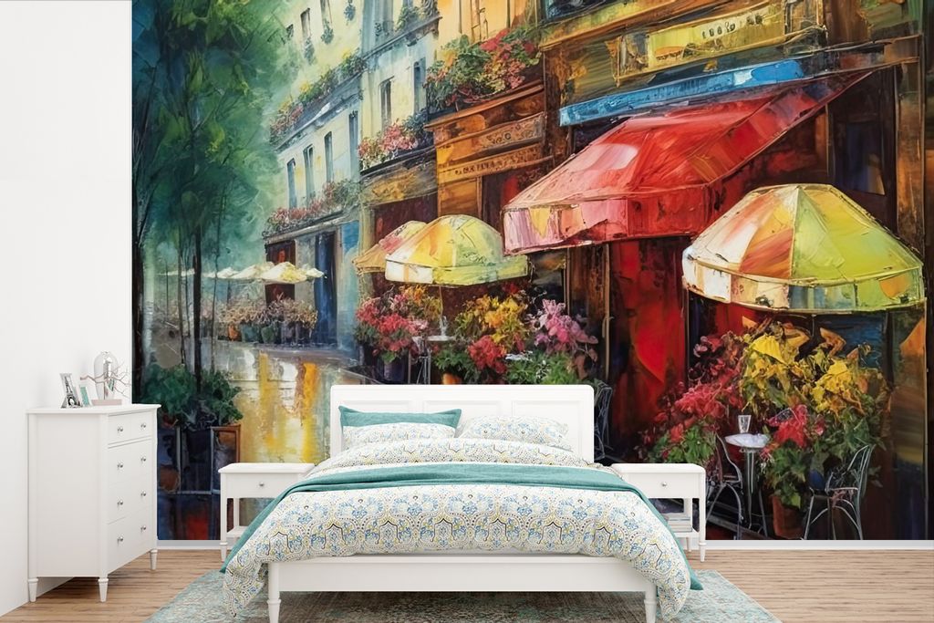 MuchoWow Fototapete für Wohnzimmer oder Schlafzimmer Wandtapete Vinyl Motivtapete Straße - Ölgemälde - Farbenfroh - Stadt - 330x220 cm - Foto...