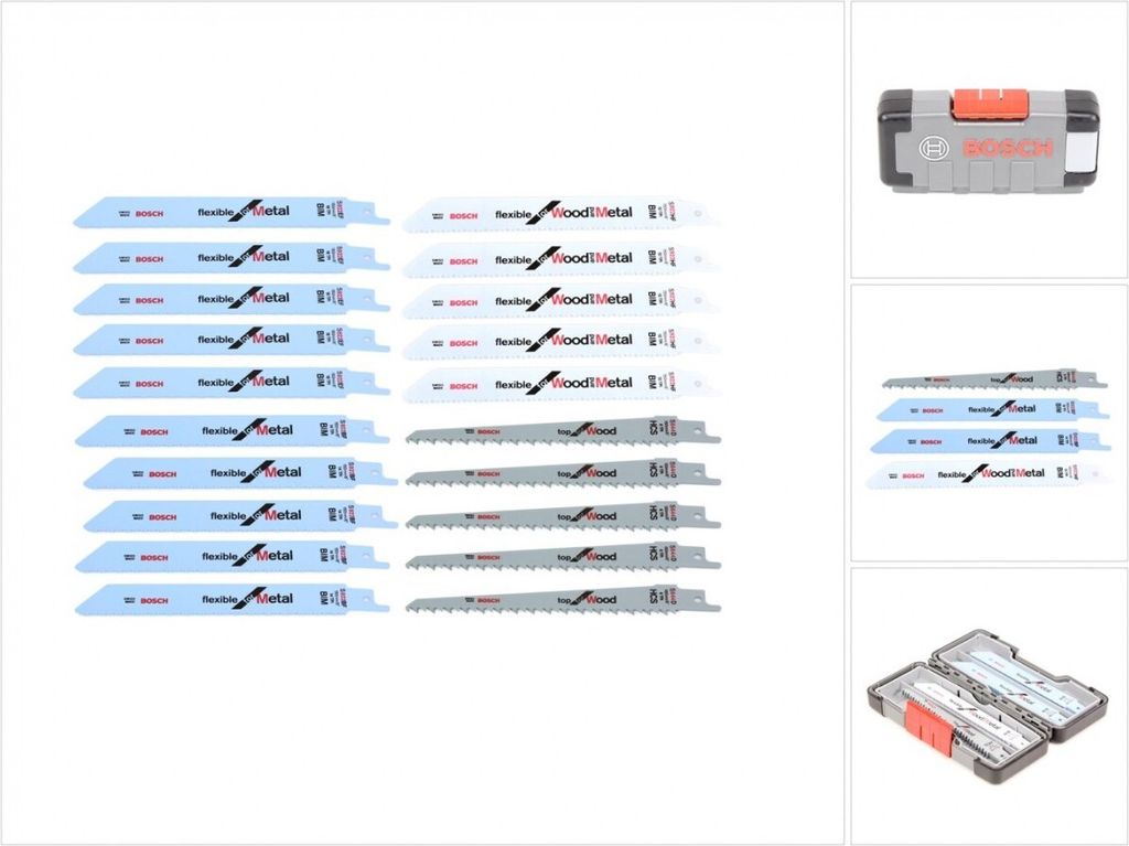 A collection of Bosch reciprocating saw blades and a storage case.