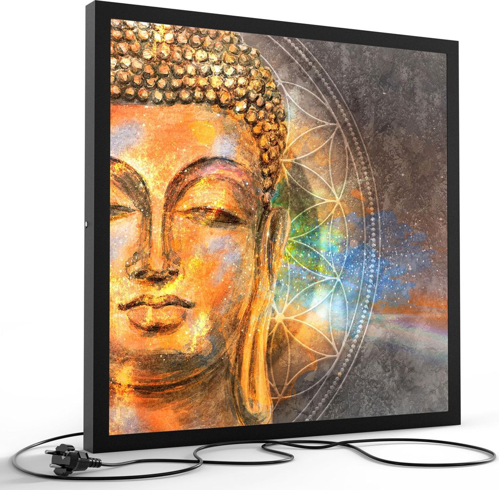 DEQORI LED-Bild & Lampe 60x60 cm Schwarz 'Meditierender Buddha' Leuchtbild LED Leuchte