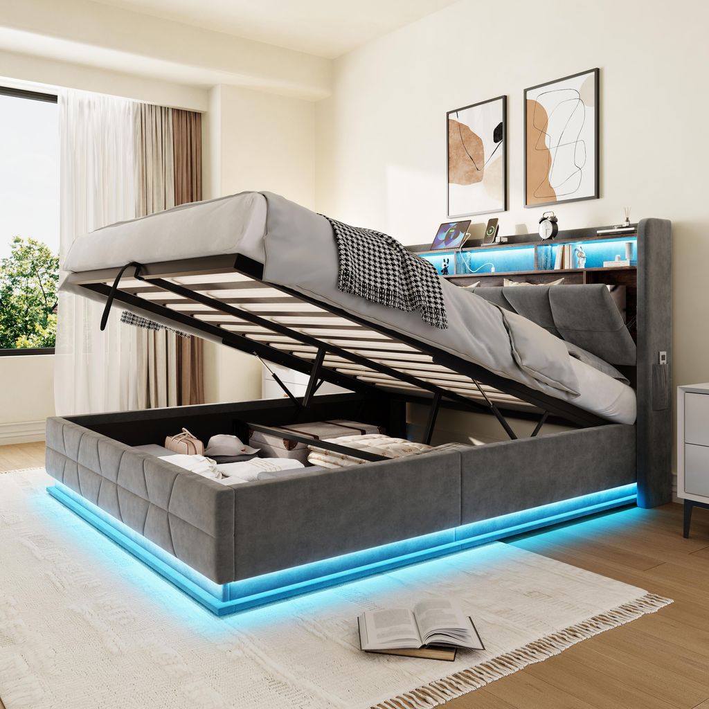 Polsterbett 160*200cm mit LED-Beleuchtung Offene Regale, Seitentaschen, USB/Type-C-Ladestation, Stauraum-Kopfbrett plus Federholzrahmen, Dunkelgrau