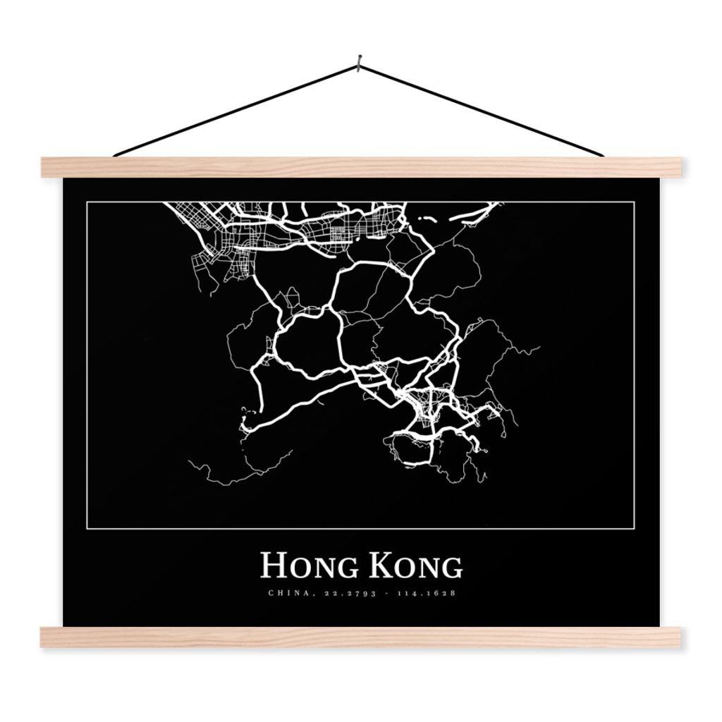 MuchoWow Textilposter Hongkong - Karte - Stadtplan - Routenbeschreibung 60x45 cm mit holzfarbenen Rahmen - Bild