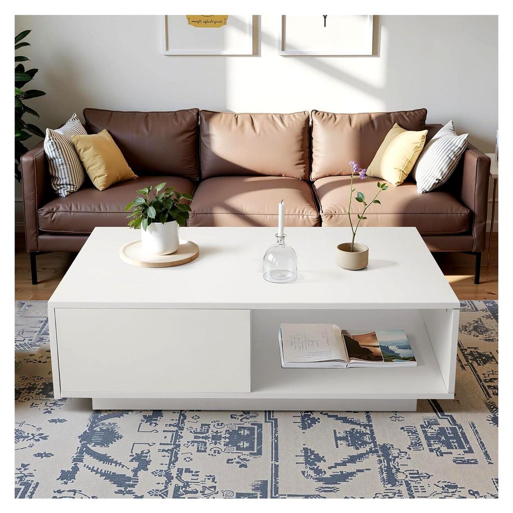 Weißer Couchtisch, Beistelltisch mit Schubladen, viel Stauraum, geeignet für Wohnzimmer und Büros. Maße: 90 cm x 55 cm x 31 cm