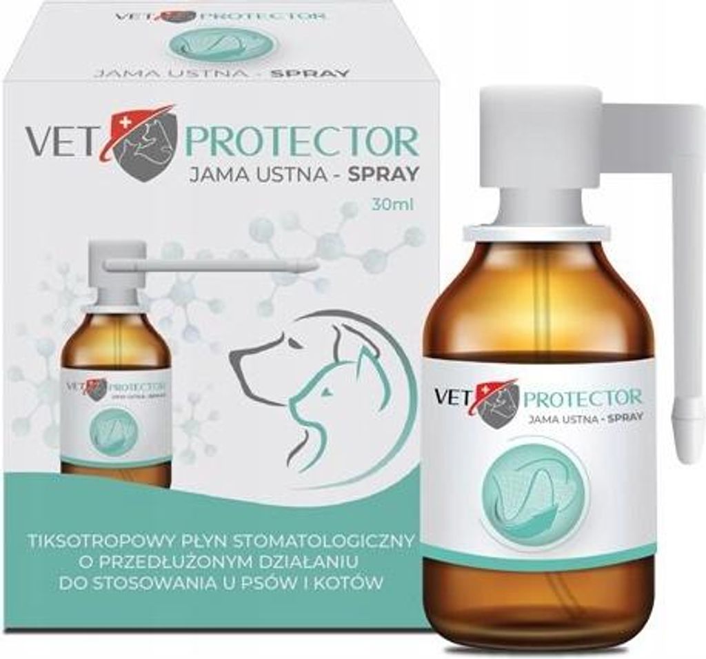 A product shot of a pet oral spray and its packaging.