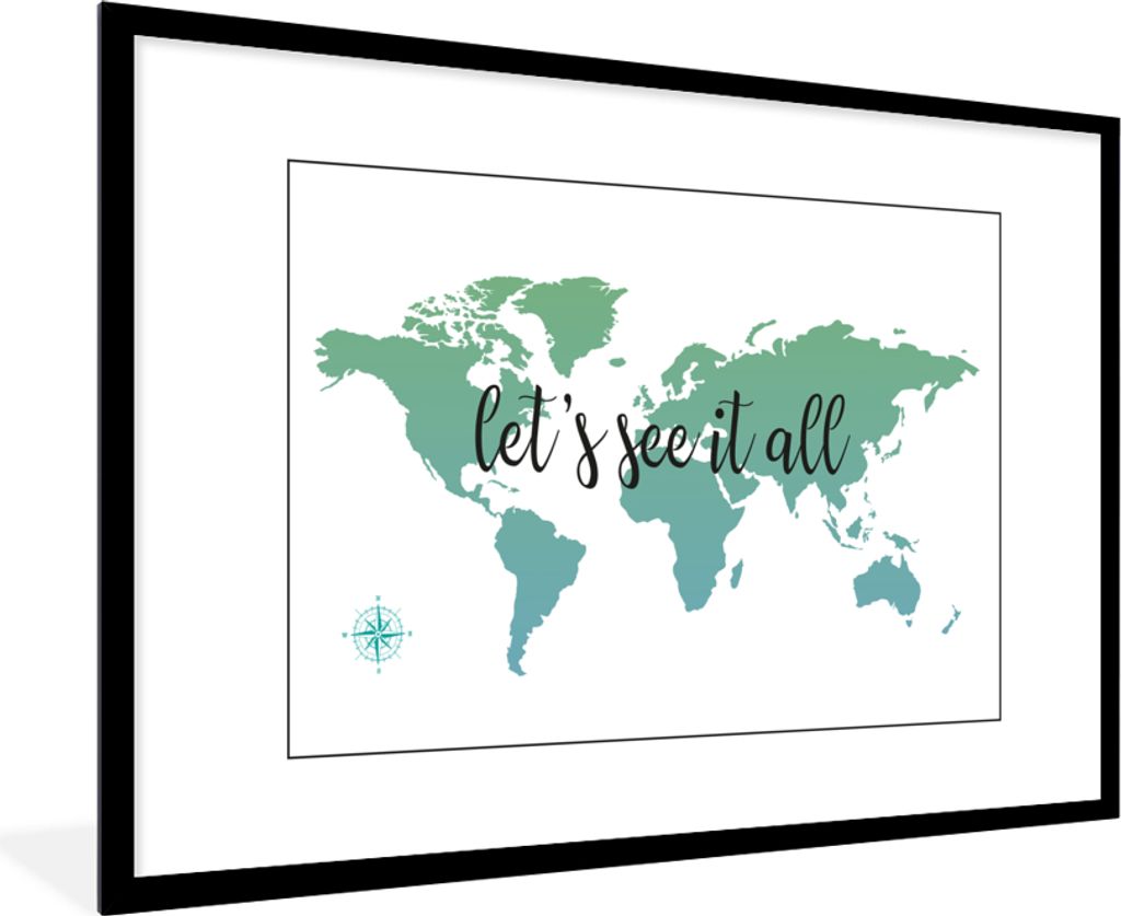 MuchoWow Gerahmtes Poster Weltkarte - Grün - Zitat - Kinder - Jungen - Mädchen 90x60 cm - Poster mit Schwarzem Bilderrahmen Wandposter Rahmen F...