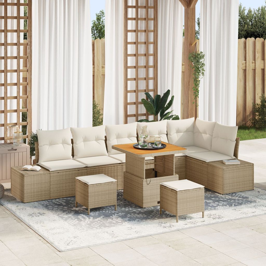 Möbel 9-teiliges Garten Sofa Set mit Kissen Beige Poly Rattan Akazie, 2-Sitzer Garten Sofa mit Kissen Beige Poly Rattan, 3-teiliges Garten Essset ...