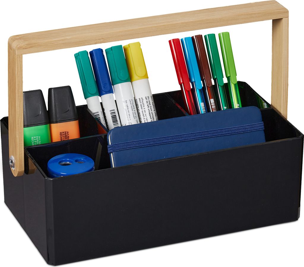 Relaxdays Organizer mit Griff, 4 Fächer, tragbar, Aufbewahrung, Bambus Henkel, Sortierbox, HBT 8,5 x 26 x 16 cm, schwarz