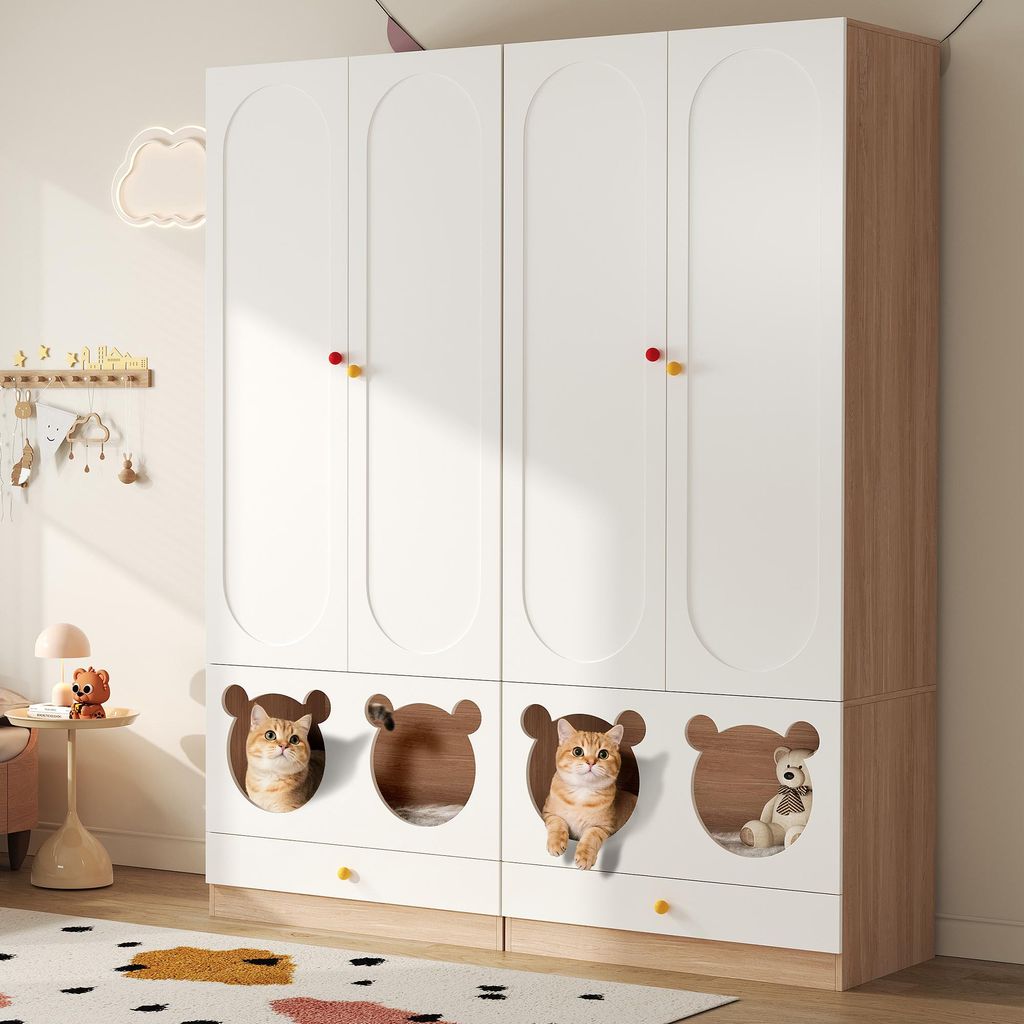 MODFU Kombinationskleiderschrank 2-teilig Kinderkleiderschrank-set mit Katzenbett Schrank Flurgarderobe mit Bügelstange und bunte Keramikgriffen,W...