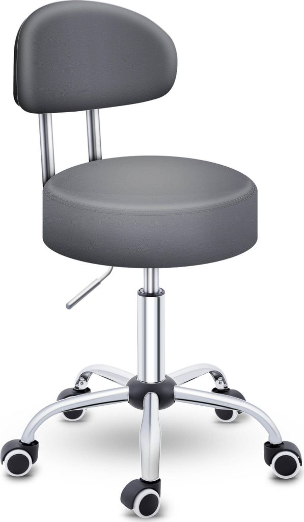 A gray rolling stool with a backrest.