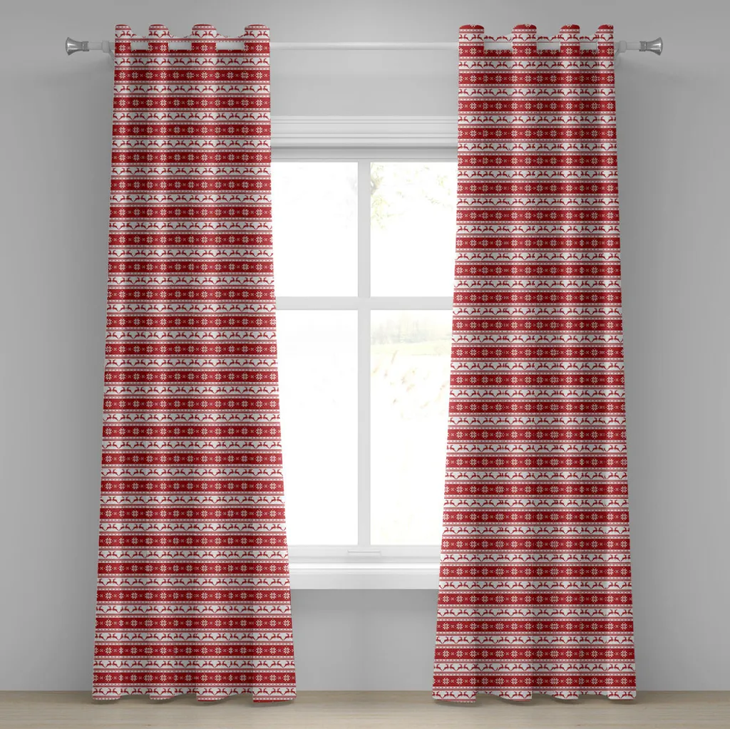 ABAKUHAUS Tenda natalizia con occhielli, tema natalizio invernale con cervi e fiocchi di neve in stile nordico con bordi e linee grafiche, tende decorative a 2 pannelli, 280 cm x 175 cm, bianco rubino