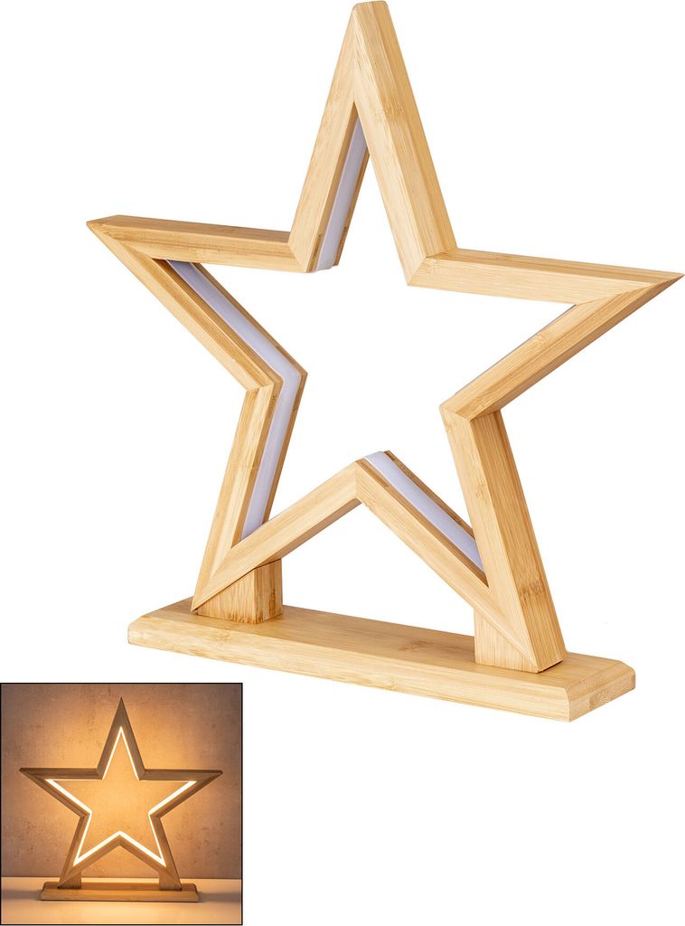 LED Stern Holz H33cm Tischlampe Bambus Weihnachten Dekoleuchte Weihnachtsdeko