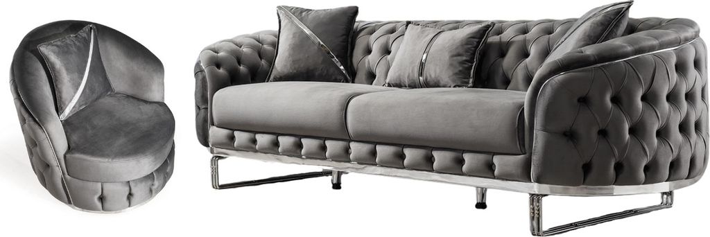 Villa Möbel Sofa Set Fairy Grau Stellvariante:3+1 Handmade, pflegeleichter Mikrofaser Samtstoff