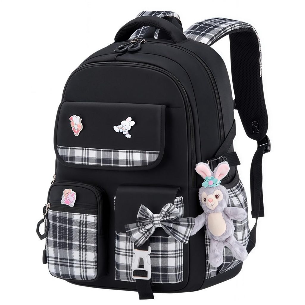 Mädchen Schulrucksack L – Ergonomisch, 46 cm, Geraut, Wasserabweisend – schwarz